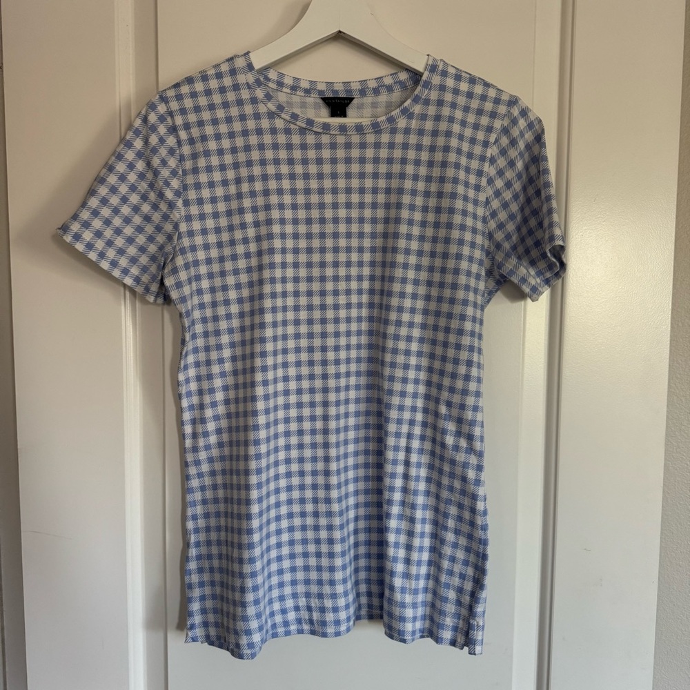 Ann Taylor Light Blue and White Gingham Checkered Top Size Small